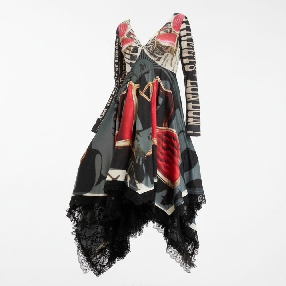 IPNG London Newspaper Print Lace Handkerchief Hem Midi Dress L/XL US 8/10